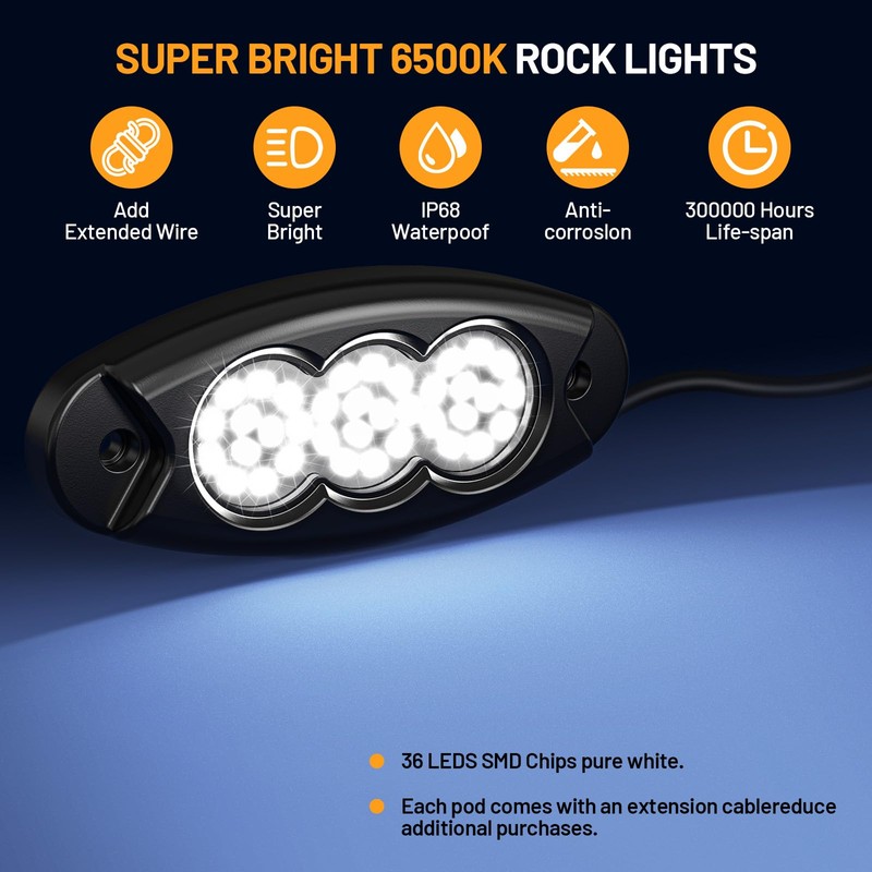 Hobaoyee 20Pods Pure White Rock Lights 36 LEDs SMD Chips