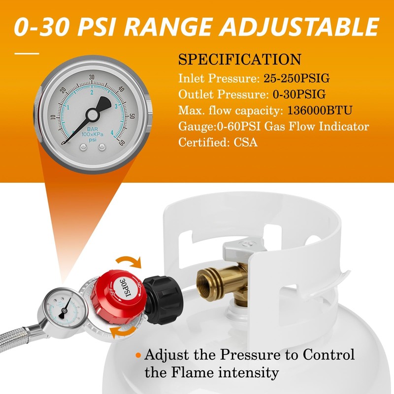 NUPICK 12FT 0-30 PSI Adjustable High Pressure Propane Regulator with