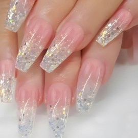 RUOKEXIN Coffin Press on Nails Long Fake Nails Pink Ombre False Nails with Glitter Designs Sparkly Artificial Nails Full Cover Nail Press ons Cute Stick on Nails for Women 24Pcs