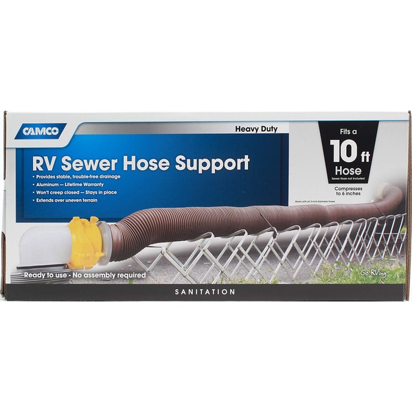 Camco Aluminum Sewer Hose Support, Supports Sewer Hoses Up to 10', Includes Strap Kit to Secure Your Hose in Place, Durable Construction, Lightweight Design, 40351