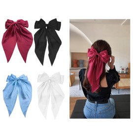 Hair Accessories - 4 PCS Oversized Ribbon Bows with Long Tails, 13.8 x 7.5 inch, 4 Colors Set, （Black White Blue Darkred）