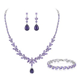 Clearine Wedding Gorgeous Teardrop Cubic Zirconia Pendant Necklace Leaf Dangle Earrings Jewellery Set for Women Bride Bridesmaid Purple Silver-Tone