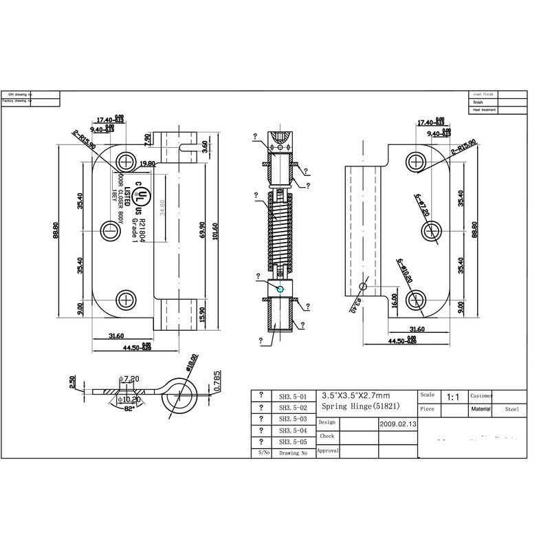 Richelieu Hardware 51821NBR 3-1/2" Full Mortise Adjustable Spring Hinge, 3