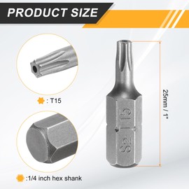 sourcing map 10pcs T15 Torx Screwdriver Bit 1/4" Hex Shank 25mm/1" Length S2 Steel Star 6 Point Head Hex Security Screw Driver Bits with Hole for Impact Electric Screw Driver Power Tools, Grey
