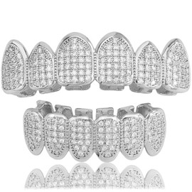 Hip-Hop Tooth Grillz Set, Gold Plated Gold Finish 8 Top Teeth 8 Bottom Tooth Hip Hop Mouth Grills Removable Top and Bottom Grills for Men Women - Vampire Teeth Dental Grill for Rappers, Performers (Silver set)