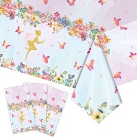 LASLU 3Pcs Fairy Tablecloths Plastic 54 x 108 Inches Fairy Tea Party Tablecloths Fairy Garden Tablecloth Waterproof Plastic Dinner Table Decorations (Fairy)
