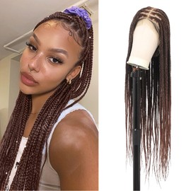 Olymei 360° Hd Full Lace Braided Wigs for Women Box Braid Wig Square Knotless Braided Wigs with Baby Hair Human Hair Blended Long Brown Braided Lace Front Wigs 36"