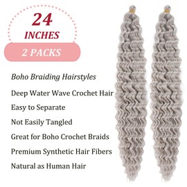 Silver Grey Boho Curly Wavy Braiding Hair Deep Water Wave Crochet Hair Ocean Wave Braiding Hair Pre Stretched 24 Inch 2 Packs Boho Curls Hair for Braiding Synthetic Bohemian Crochet Braids
