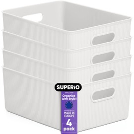 Superio Ribbed Collection - Decorative Plastic Open Home Storage Bins Organizer Baskets, Large White (4 Pack) Container Boxes for Organizing Closet Shelves Drawer Shelf 15 Liter/16 Quart