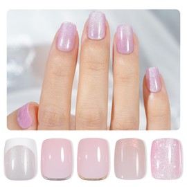 Jofay Fashion Chrome French Tip Press on Nails Short, Salon-Like Acrylic Fake Nails with Mermaid Pearl Chrome Gold Foil End Designs, Glossy & Natural short nails press on