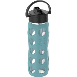 Lifefactory 22-Ounce Glass Water Bottle with Pivot Straw Cap and Protective Silicone Sleeve, Aqua Teal
