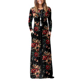 GRECERELLE Womens Long Sleeve Maxi Dress Floral Casual Empire Waist Long Dresses with Pockets Brown Black, Large