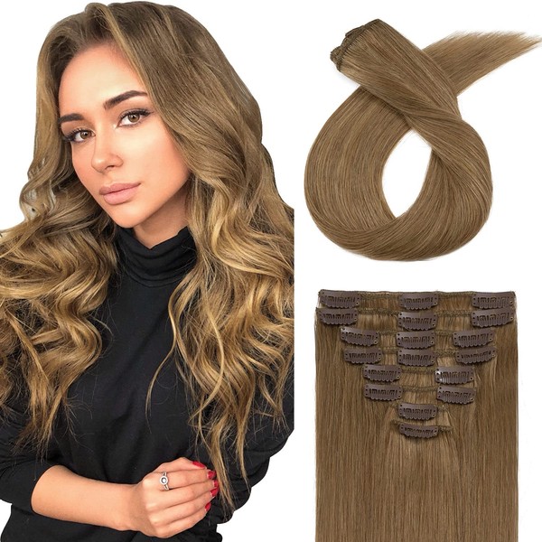 Hairro Clip in Hair Extensions 100% Human Hair Thin Light Brown 18 Inch Long Straight Human Hair Clip on Hairpieces 70g Machine Weft 8pcs 18 Clips for Women #6