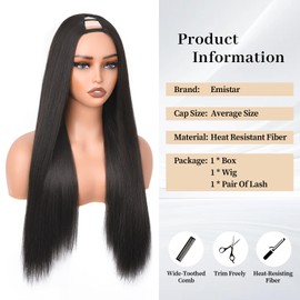 Yaki Straight V Part Wig, Silky Straight Natural Wear And Go Black Glueless Wig, Heat resistant Synthetic Hair Soft As Human Hair Half U Part Wigs for Black Women (#1B, 24 Inch)