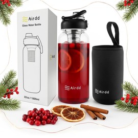 Glass Water Bottles with Stainless Tea Infuser 32oz, BPA-Free, Wide Mouth, Leakproof, Protective Sleeve, Borosilicate Glass for Tea and Fruit Infusions, Durable Travel Companion, Reusable Bottle