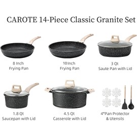 CAROTE 14Pcs Pots and Pans Set Non Stick, Cookware Sets Induction Cookware Granite Cooking Set with Frying Pans, Saucepans, Saute Pan, Extra Large Casserole