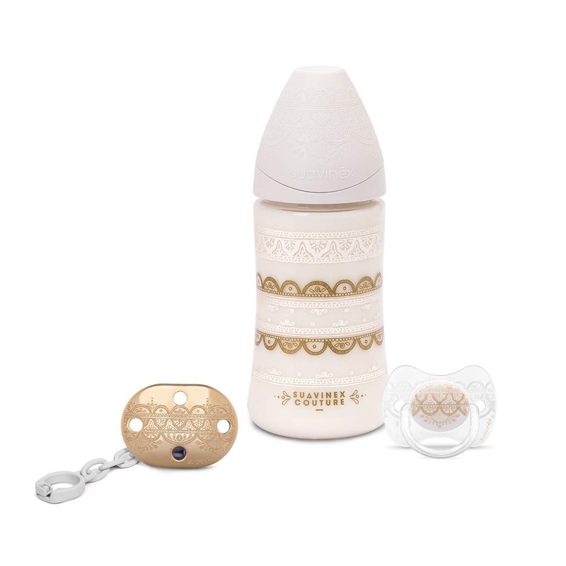 Suavinex Set De Biberon, Chupon Y Broche Couture, Blanco, Paquete