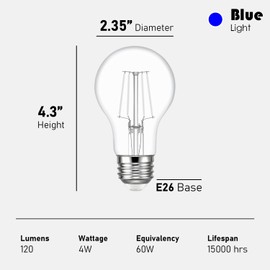 Maelsrlg Blue Light Bulb, 4 Watts, A19 Colored LED Filament Bulbs, Clear Glass, 120 Volts, Dimmable, E26 Base, 2-Pack