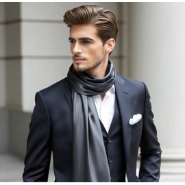 LA FERANI Men's Scarf 100% Silk Chiffon Neckerchief Silk Scarf 180 x 80 cm Plain Colour for Suit Dark Blue Cloth Silk Scarf Stole Business Style Gift for Him, dark grey