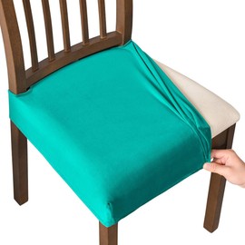 Lussenwert Velvet Seat Covers for Dining Room Chairs, Stretch Dining Chair Seat Slipcovers Washable Removable Chair Protector Slipcovers - Set of 4, Turquoise Blue