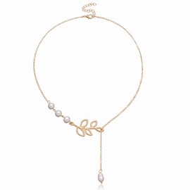 Pearl Leaf Pendant Necklace Vintage Faux Pearl Lariat Beads Y-Shape Necklace Chain Jewelry for Women (Gold)
