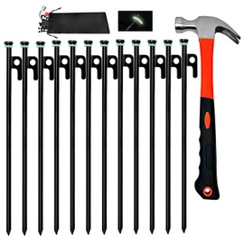12Pcs Tent Stake with Hammer Set, 8in Tent Stakes Heavy Duty with 10.5in Camping Hammer, Storage Pouch, Forged Steel Tent Stakes for Camping Used on Rocks, Grassland(12Pcs 8in Stakes+Hammer)