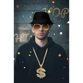 YUNHENTONG Dollar Chain Hiphop Costume Set, 5 Pieces Hop Rapper Costume Accessories, Men's Costume, 80s 90s Men's Hip Hop Accessories Necklace for Carnival