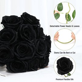 Waipfaru 16 Pcs Artificial Flowers Fake Silk Black Roses Bulk, Faux Real Touch Roses Bouquet with Long Stem for Wedding Party Home Decor (Black)