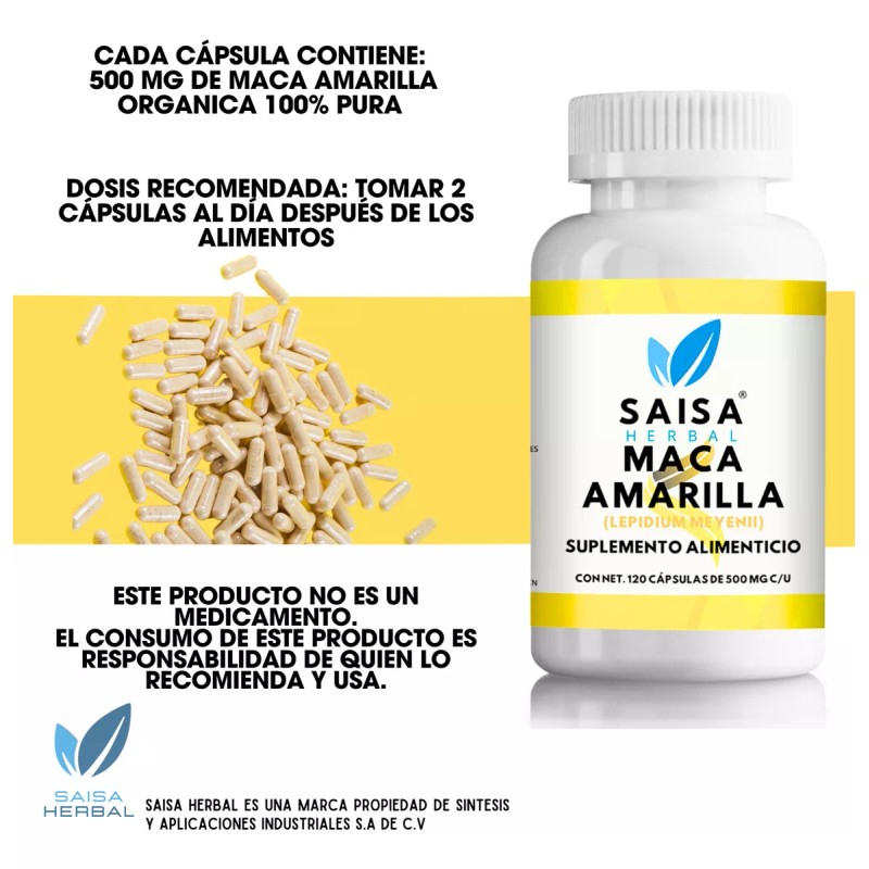 Saisa Herbal Maca Amarilla Orgánica 100% Pura Con 120 Cáp