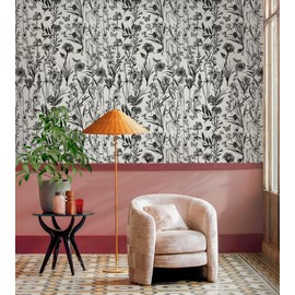 NEKOKOYA Black and White Wallpaper Floral Peel and Stick Wallpaper Vintage Dark Floral Contact Paper 17.7"x118" Flower Removable Self Adhesive Decorative Wall Paper for Bathroom Cabinets