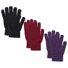 Pesaat Classic Women Girls Knit Gloves Mitten Solid Color Men Fleece Lining Glove for Fall Early Winter 3-pack (Black+Burgundy+Deep Purple, Onesize)