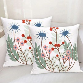 Pilmandu Pack of 2 Embroidered Decorative Throw Pillow Cover 18x18 Inch Farmhouse Floral Pillowcase for Living Room Sofa Bed (Flower)
