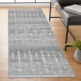 ReaLife Machine Washable Area Rug Runner - Living Room Bedroom Bathroom Kitchen Entryway Office - Padded Low Pile Stain Resistant Premium - Geometric Moroccan Tribal - Beau - Gray 2'6" x 8'