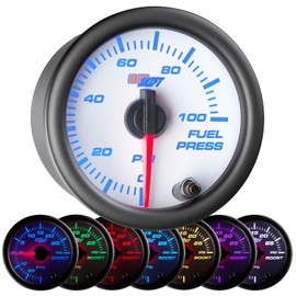 GlowShift White 7 Color 100 PSI Fuel Pressure Gauge Kit - Includes Electronic Sensor - White Dial - Clear Lens - for Car & Truck - 2-1/16" 52mm