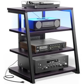 Besiost Soporte multimedia AV con tomacorrientes, consola multimedia con luces LED, estantes estéreo y soportes con estantes de almacenam...