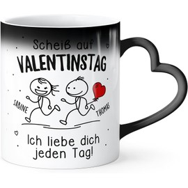 SpecialMe® Herzhenkel -Tasse Zaubertasse Liebe personalisiert mit Wunschnamen Spruch Scheiß auf Valentinstag Geschenkidee Ironie Schwarz standard