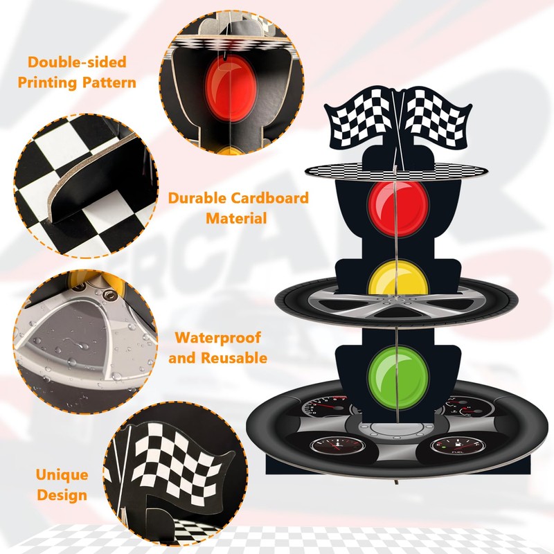 3-Tier Racing Car Theme Cardboard Cupcake Stand, Reusable Round Cupcake
