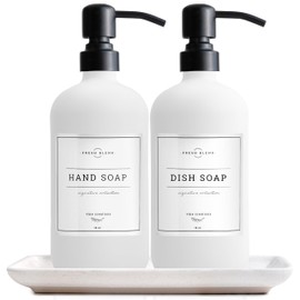 Vine Creations Glass Soap Dispenser, 2 Pack Kitchen Soap Dispenser Set with Ceramic Tray, Stainless Steel Pump, Dish Soap and Hand Soap Dispensers for Bathroom or Kitchen Decor with Waterproof Labels