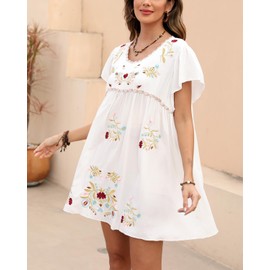 Mexican Embroidered Dress for Women Mini Boho Dresses Hippie Floral Ethnic Vintage Embroidery Traditional Drape Tunic Dress White