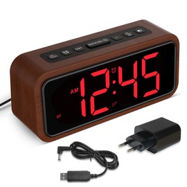 Alarm Clock Loud for Deep Sleepers, Wooden Alarm Clock with LED Display, 12 Alarm Ringtones, 5 Brightness Adjustable, 5 Volumes, Manual DST, Brown Retro Alarm Clock for Bedroom (Red)