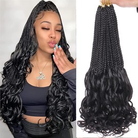 18 Inch 8 Packs French Curl Crochet Braids Black Bohemian Goddess Box Braids Crochet Hair Pre Looped French Curly Braiding Hair With Curly Wavy Ends Synthetic Hair Extensions for Women (Black)