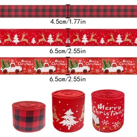 HAIKING Christmas Wired Ribbon, 3 Rolls Truck Tree Buffalo Plaid Christmas Tree Ribbon for Christmas Decorations, Bows, Wreath (3 Style)