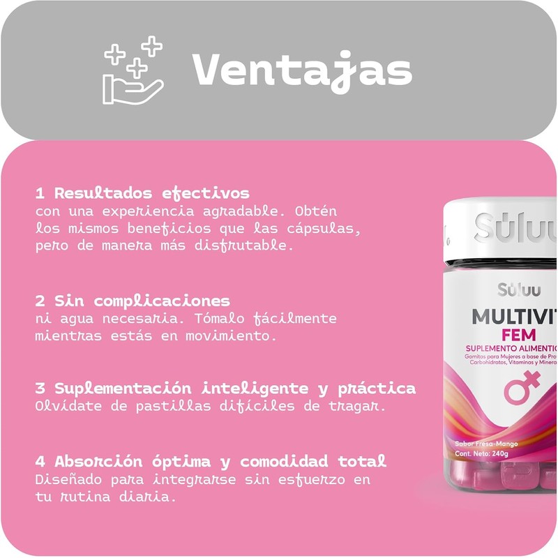 Súluu Multivit FEM: Multivitamínico para Mujeres, 60 Gomitas Sabor Fresa-Mango