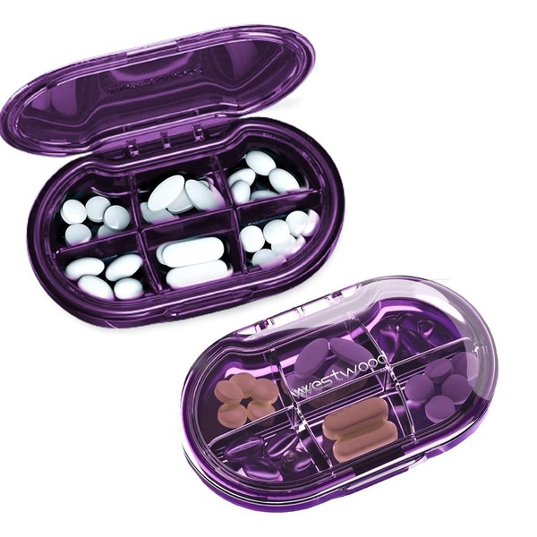 Pill Box, 6 Compartments, Pill Box, Waterproof Medicine Box, Pill Box for Travel & Daily Use, Pocket Pharmacy, Pill Box, Removable, Pill Organiser (Purple)