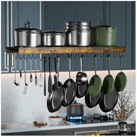 MAWEW Extra Large Pot Rack,Pot Rack Hanging,Hanging Pot Rack Ceiling Mount,Vintage Pot Hangers for Kitchen Ceiling,The Terfect Combination of Iron and Wood,Measures 47.2x12.9x2.3 Inches.