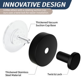 Suction Cup Hooks for Shower,12LB Heavy Duty No-Drill Stainless Steel Shower Hooks for Inside Shower,Suction Hooks for Shower Wall,Bathroom,Kitchen,Glass Door,Tile,Mirror (Matte Black, 2 Pack)