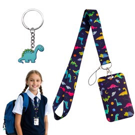 Lanyard with Card Holder, Cute Dinosaur Lanyard Card Holder Plastic ID Card Holders for School Bus, with a Dinosaur Keyring