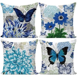 Spring Summer Butterfly Pillow Covers 18X18, Outdoor Garden Blue Floral Cushion Covers, Butterfly Pillow Covers for Sofa, Couch, Patio Home Summer Decoration
