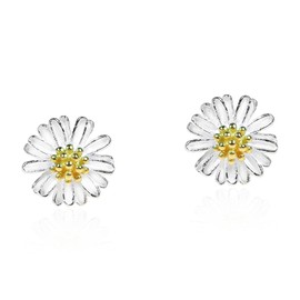 Two Tone Gold Plated Sterling Silver Daisy Earrings, Sterling Silver, No information