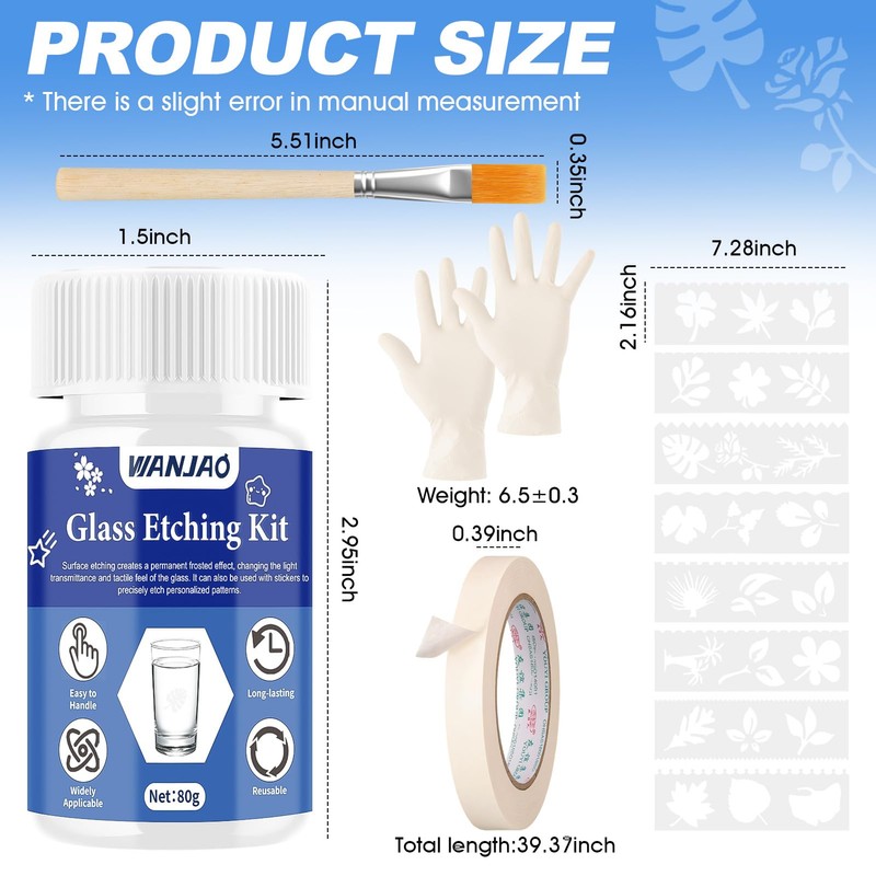 WANJAO Glass Etching Kit, Long-Lasting with Etching Stencils, Gloves Paper
